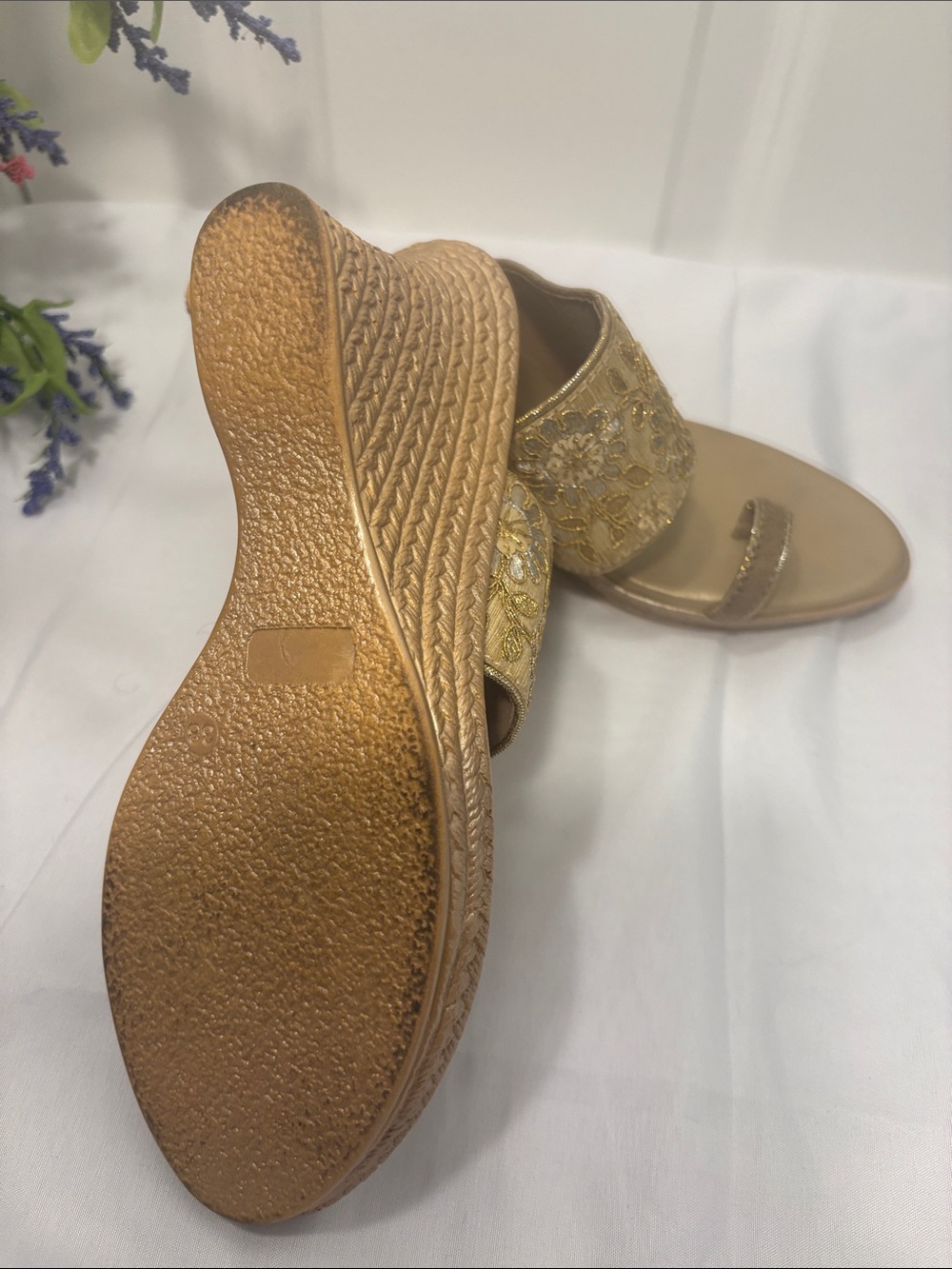 Embroidered Metallic Gold Slide Mules with Toe Loop - Picture 7 of 7